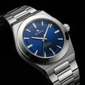 Silver bluefin premium luxury watch with blue dial on a black background