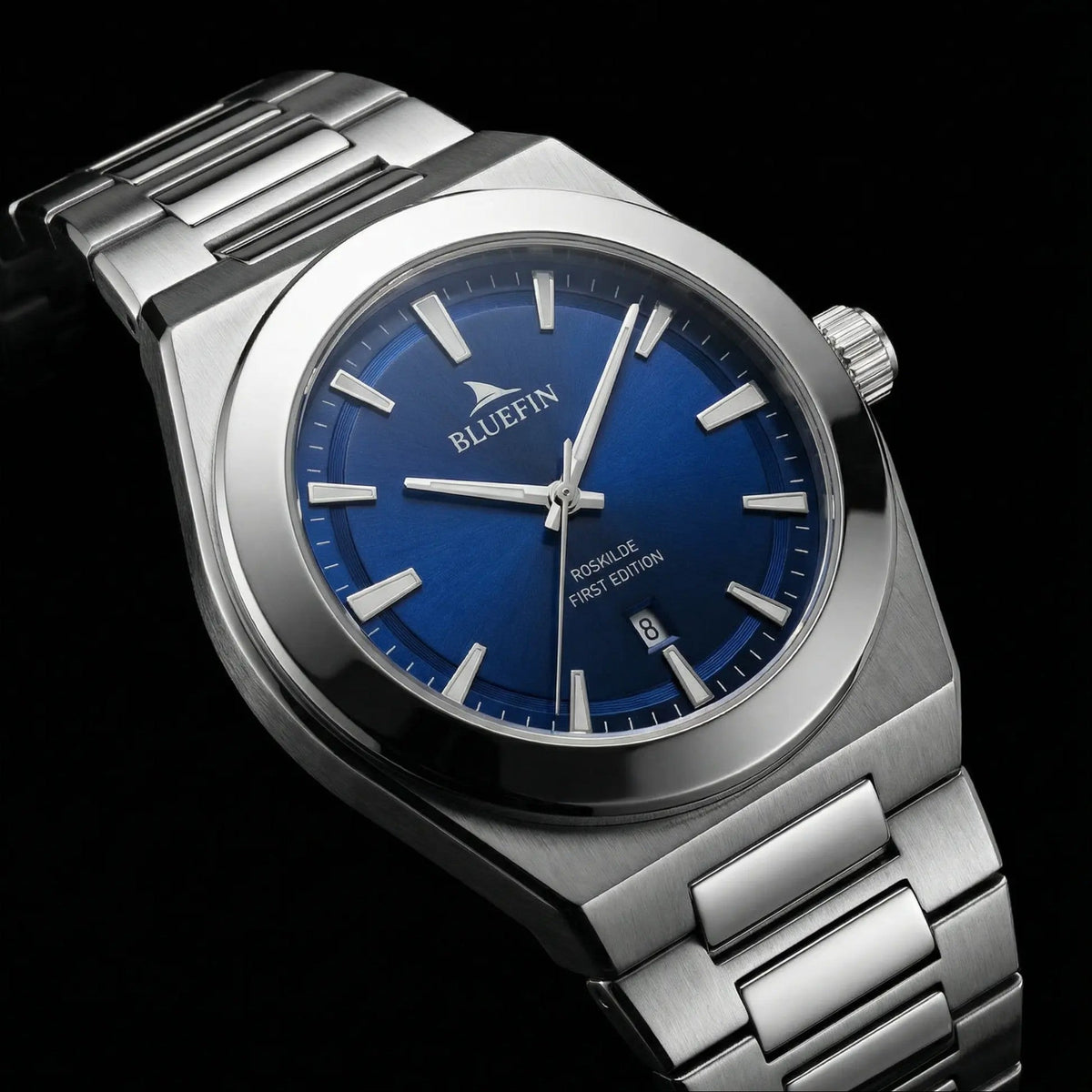 Silver bluefin premium luxury watch with blue dial on a black background