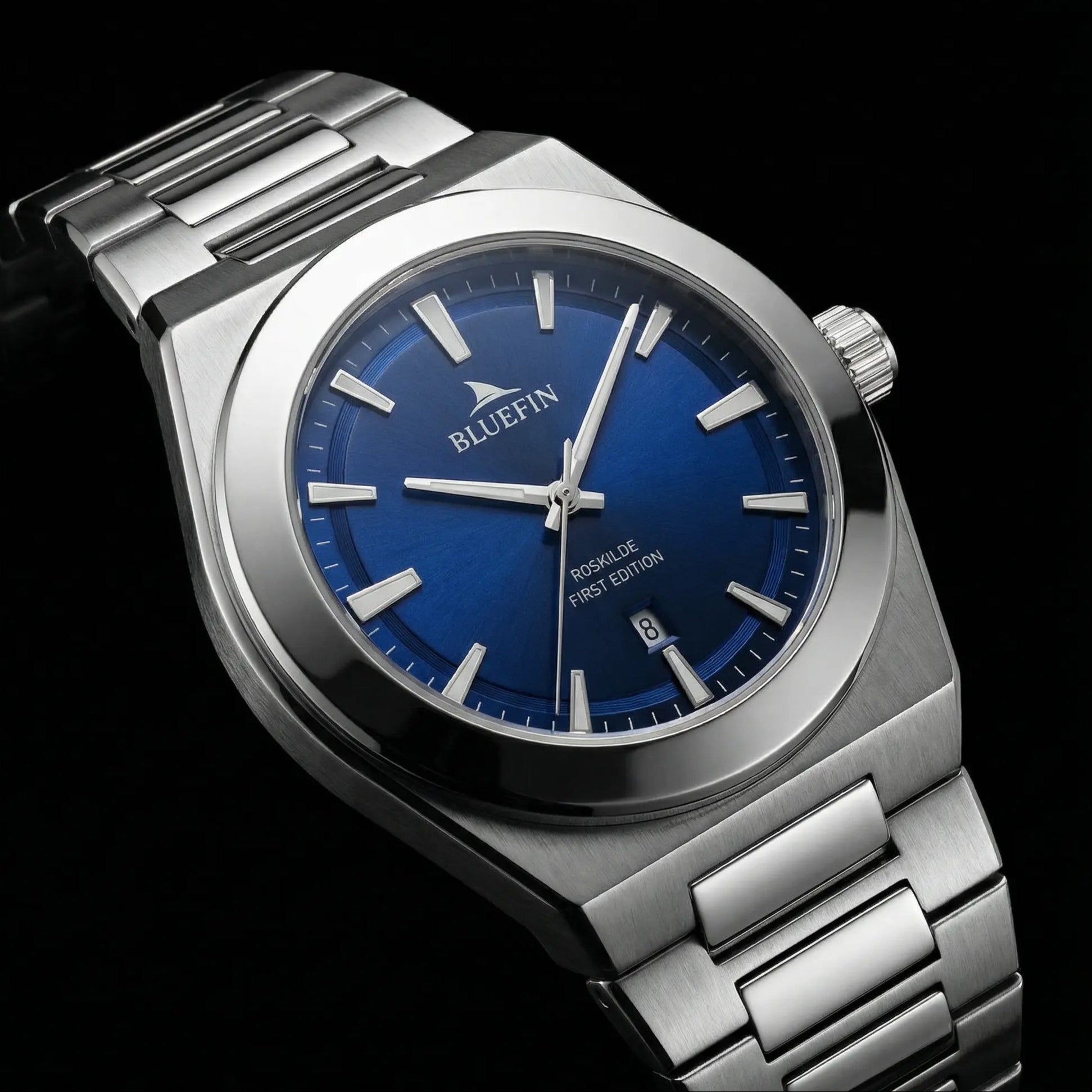 Silver bluefin premium luxury watch with blue dial on a black background