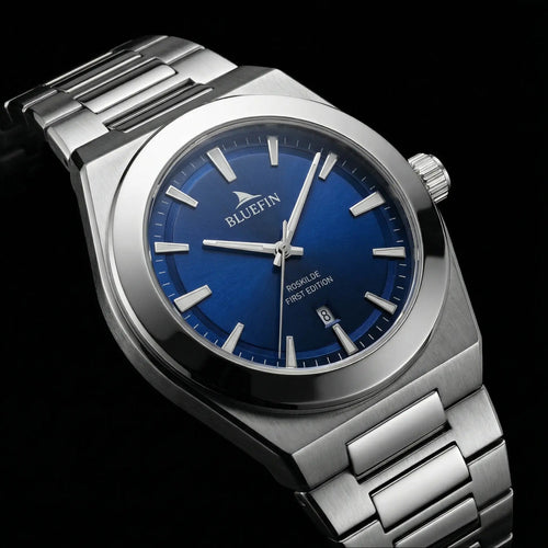 Silver bluefin premium luxury watch with blue dial on a black background